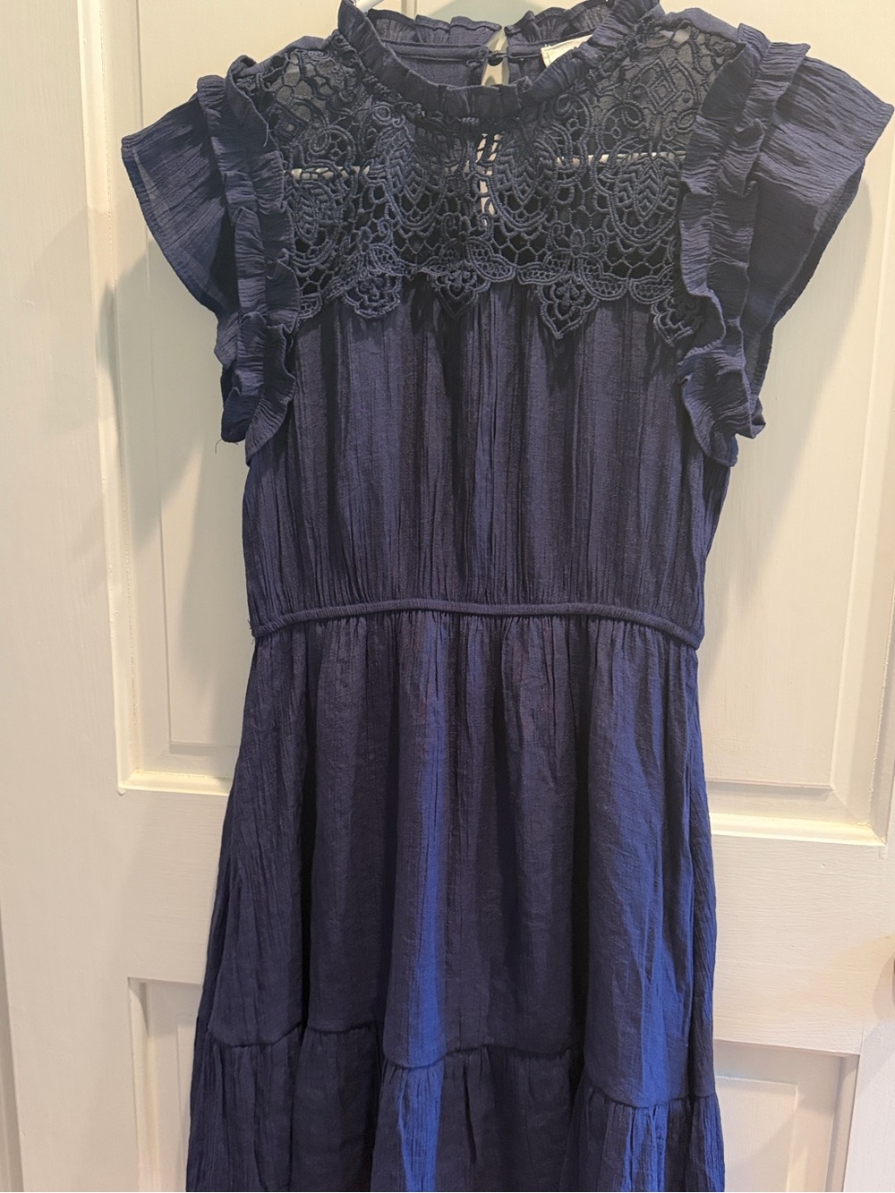 mine Navy Lace Yoke Ruffle Midi Dress